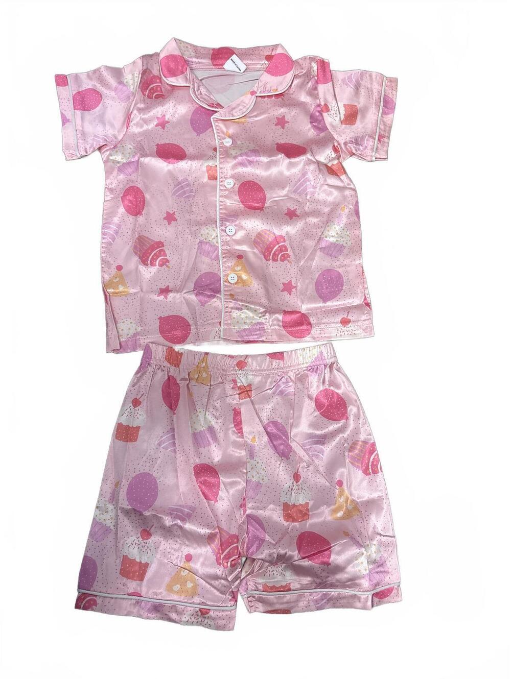 Kids Pink Satin Pajama Set Birthday Cupcake Balloon Print Short Sleeve 4-5Y
